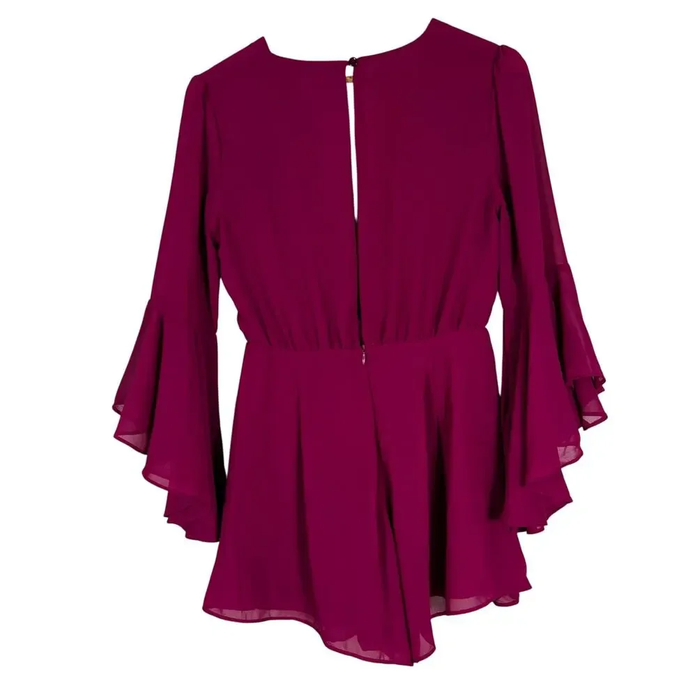 Fabrik Rompers Womens S Hot Pink Silk Long Flare Sleeve Keyhole Boho Date Night - Picture 4 of 6